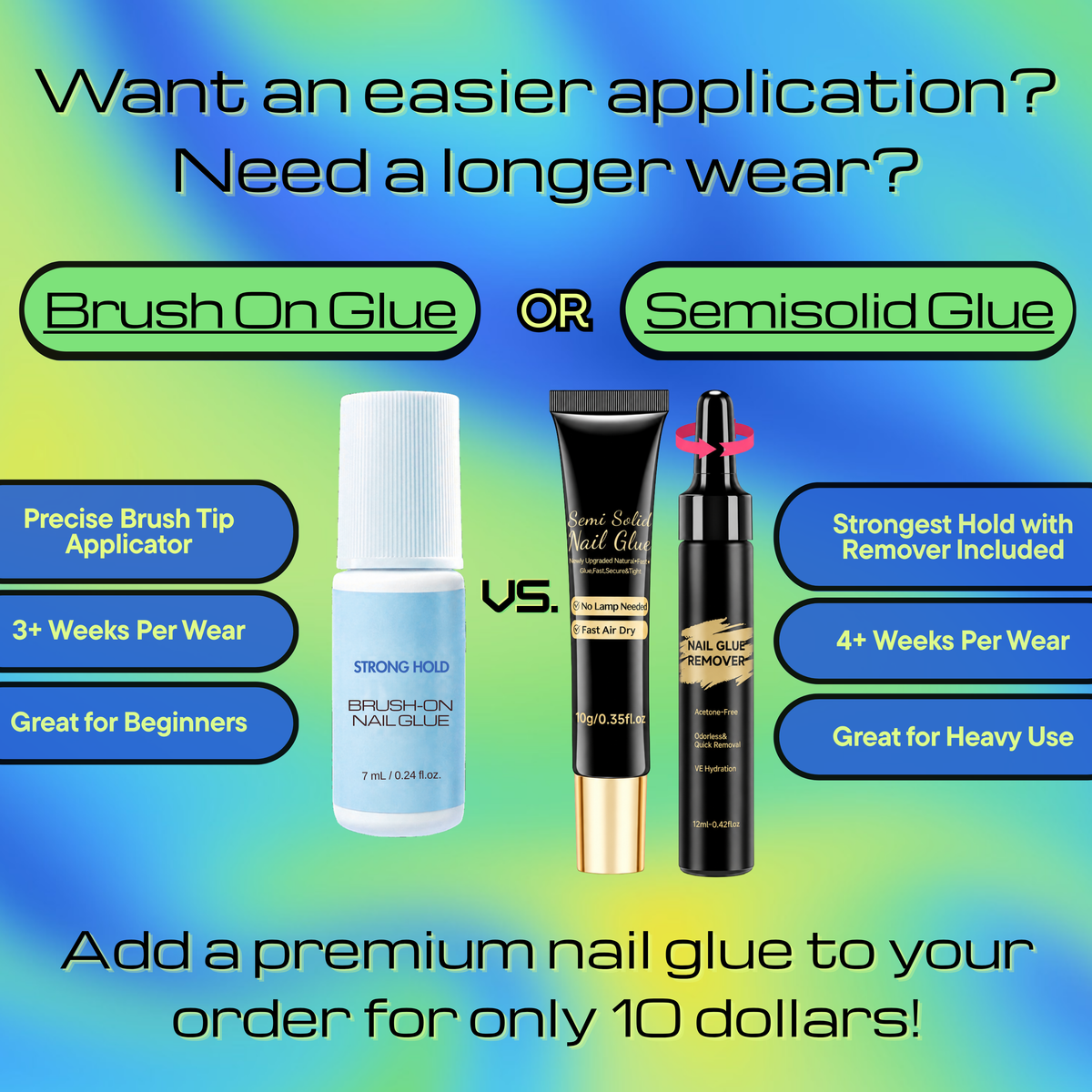 Brush-on and semisolid nail glue add-on options